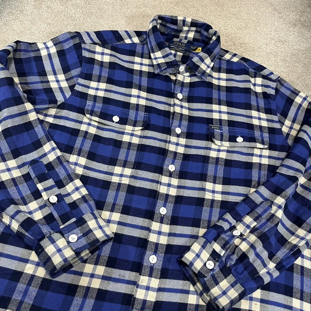 POLO RALPH LAUREN CLASSIC FIT PERFORMANCE FLANNEL SHIRT BLUE MENS 2XL EUC